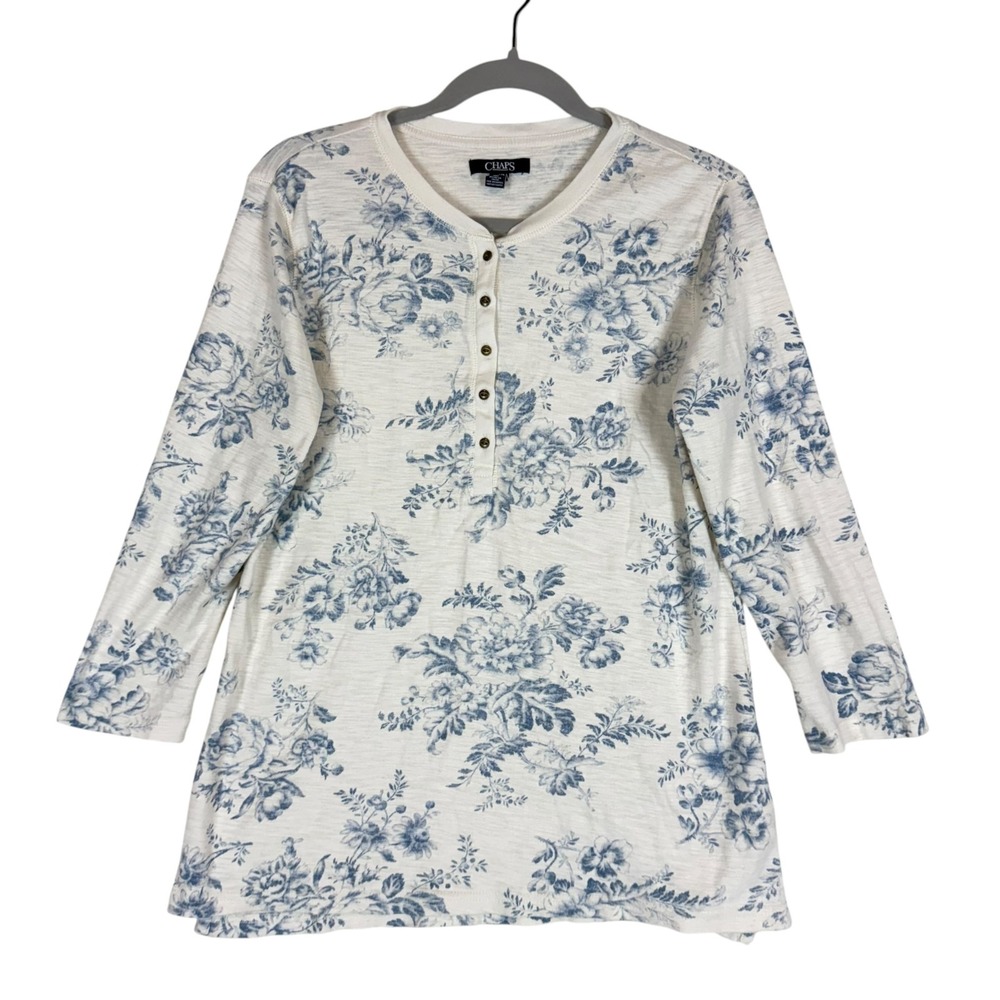 Chaps Shirt Womens L White Blue Floral Henley Tunic Long Sleeve Cotton Top